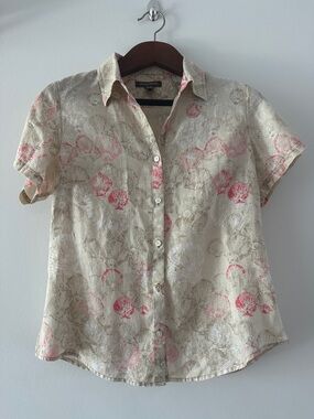 Tommy Bahama Beige Short-Sleeve Button-Down with Pink Shell Print